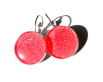 PINK EARRINGS - GLITTER & Crush Shell dangle Earrings - Sparkly Pink Earrings - Hypoallergenic - Resin Jewelry - glittery party jewelry