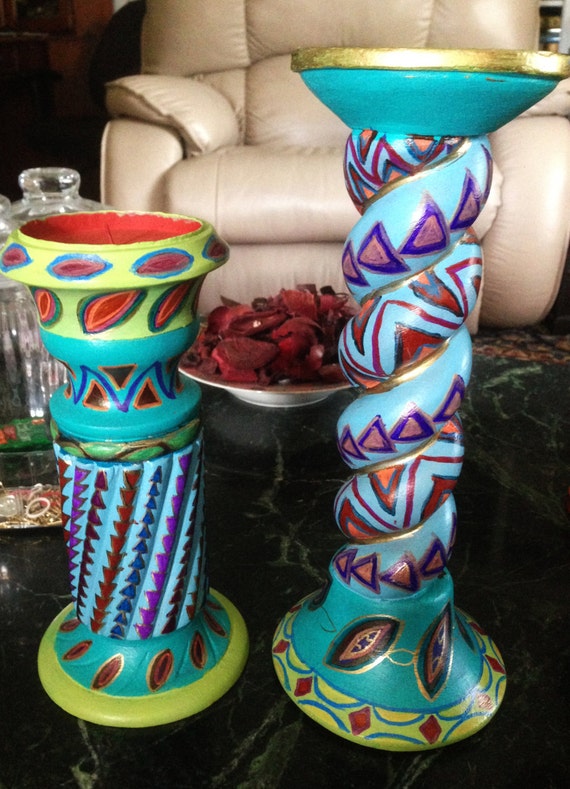 Hand Painted Bohemian Ceramic Decorative Set of Candle Holders