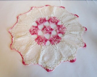 Vintage Pink And White Crocheted Doily Round Table Linen Cottage Style Decorating Decor Easter Spring Decor