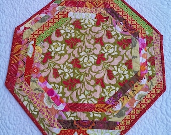 Quilted Table Topper. Table Runner. Bright orange, greens and golds. Centerpiece. Octagonal, Approx. 21 inches across.