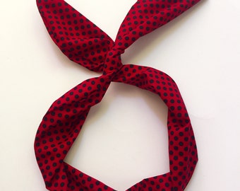 Byrd Band- Bendable Wire Headband- Red with Black Polka Dots