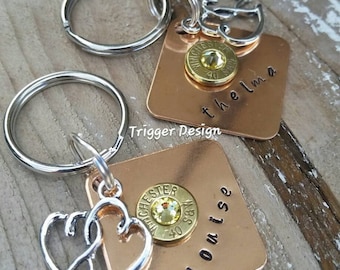 Thelma and Louise Best Friend Hand Stamped with 40 Caliber Bullet Double Heart Charm Key Chains - Set of Two - Yellow