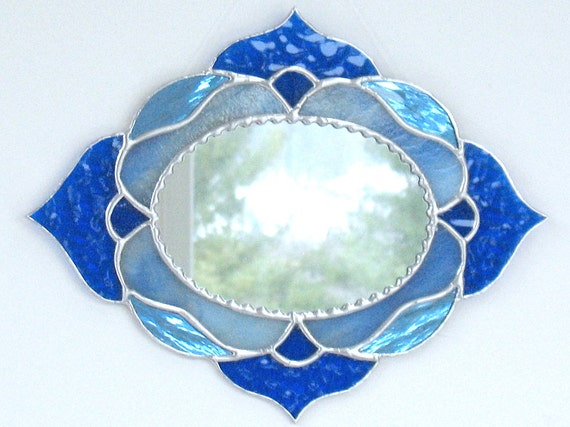 Blue oval decorative accent wall mirror, stained glass wall decor, stained glass art, bedroom, bathroom, hall decor, glass art, gift for her