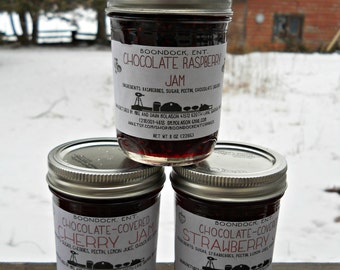 Chocolate Flavored Jams - Lot of 3 - Chocolate Raspberry - Strawberry - Cherry - Unique Dessert Jams - Edible Food Gift - Gift for Mom - Jam