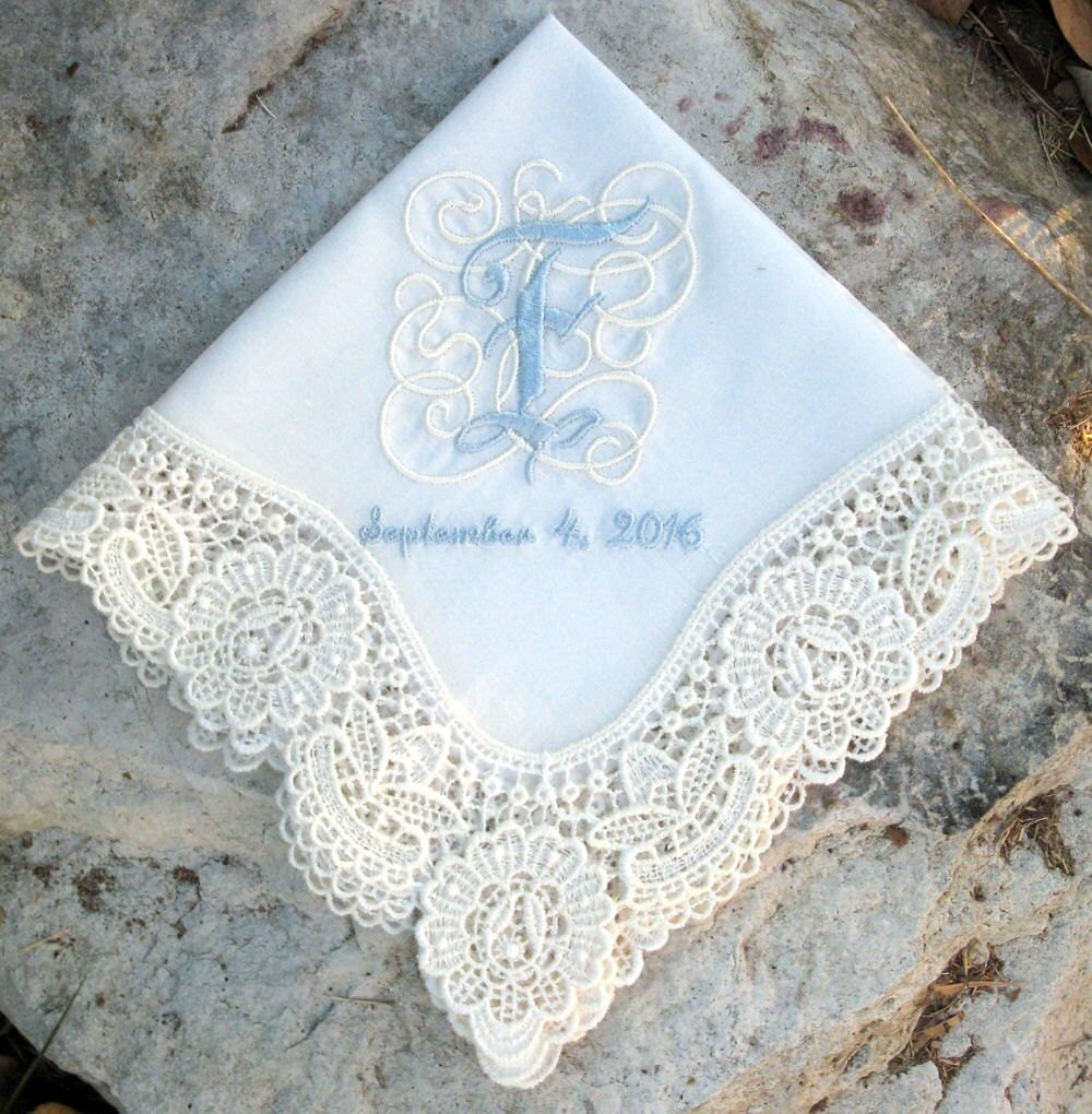 WEDDING HANDKERCHIEF Elegant Lace Initial Embroidery Bride