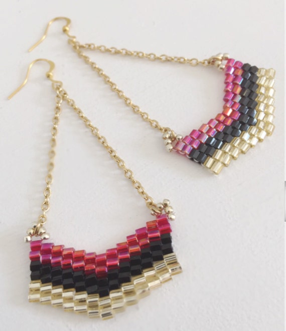 Chevron Beaded Earrings Bead Chain Earrings Seed Beaded