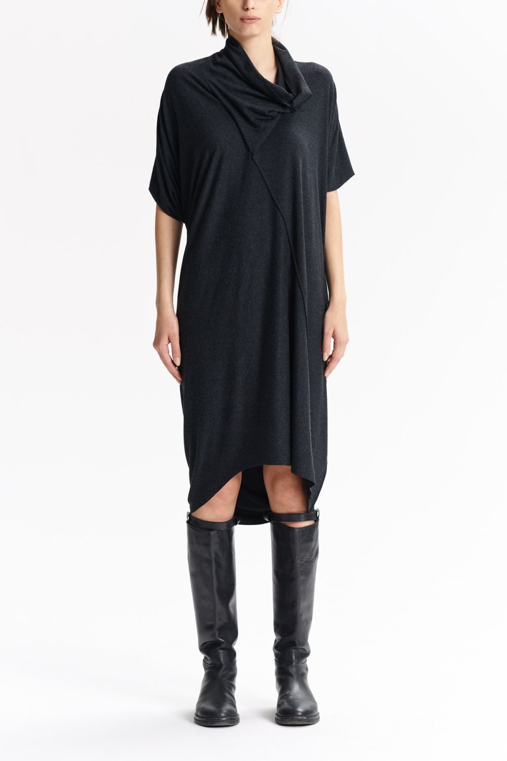 Long Dress/ Charcoal Melange Tunic/ Loose Casual Top/ Drape