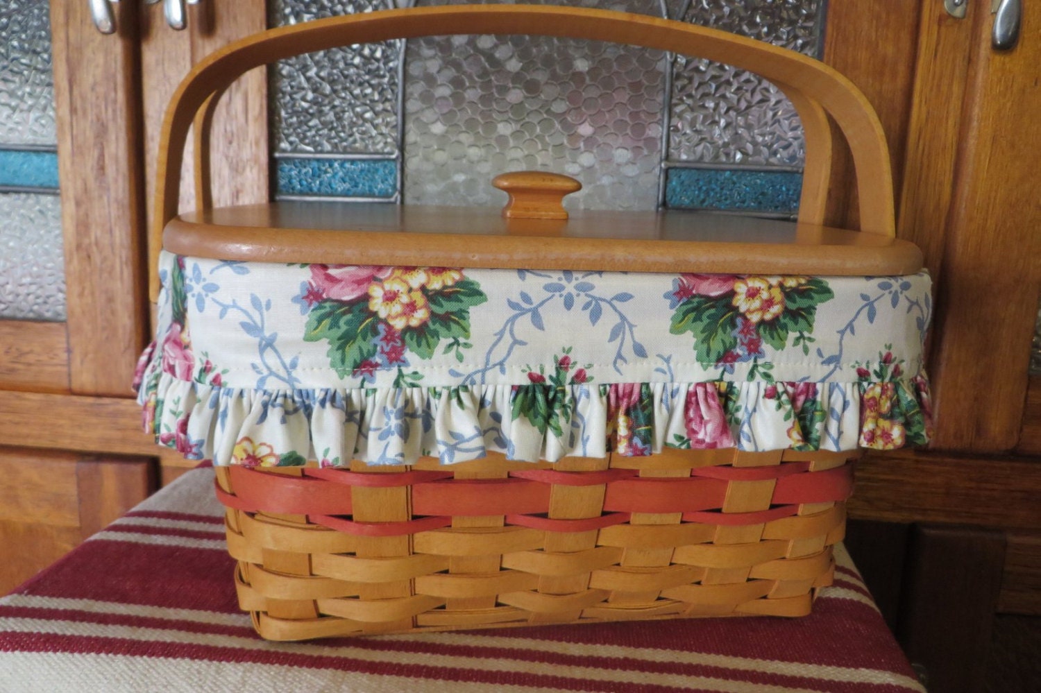 Vintage Longaberger Basket with Wooden Lid Floral Liner