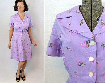50s Dress / 1950s Dress / Cherry Print Dress / 50s Day Dress / 1950s Day Dress / Day Dress / Novelty Print / Purple Dress / Summer / W 34"