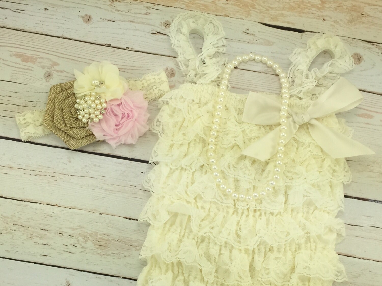 3 pc SET Light pink/ Ivory Romper Baby Girl Rompers Lace