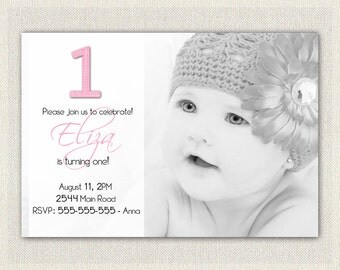 First Birthday Invitation 1st Birthday Invitation Girls / Printable Download / Invites / Pink Black Simple Photo Invitation (11)