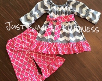 Girls Gray White Chevron Dress with Ruffled Hot Pink Quatrefoil Trim with Belted Sash Girls Valentines Day outfit Girls Chevron Outfit Gray