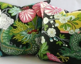 Pair of Schumacher Chiang Mai Dragon Pillow Covers in Ebony