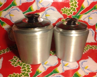 Vintage Kromex aluminum flour and sugar canisters with black plastic lids- USA