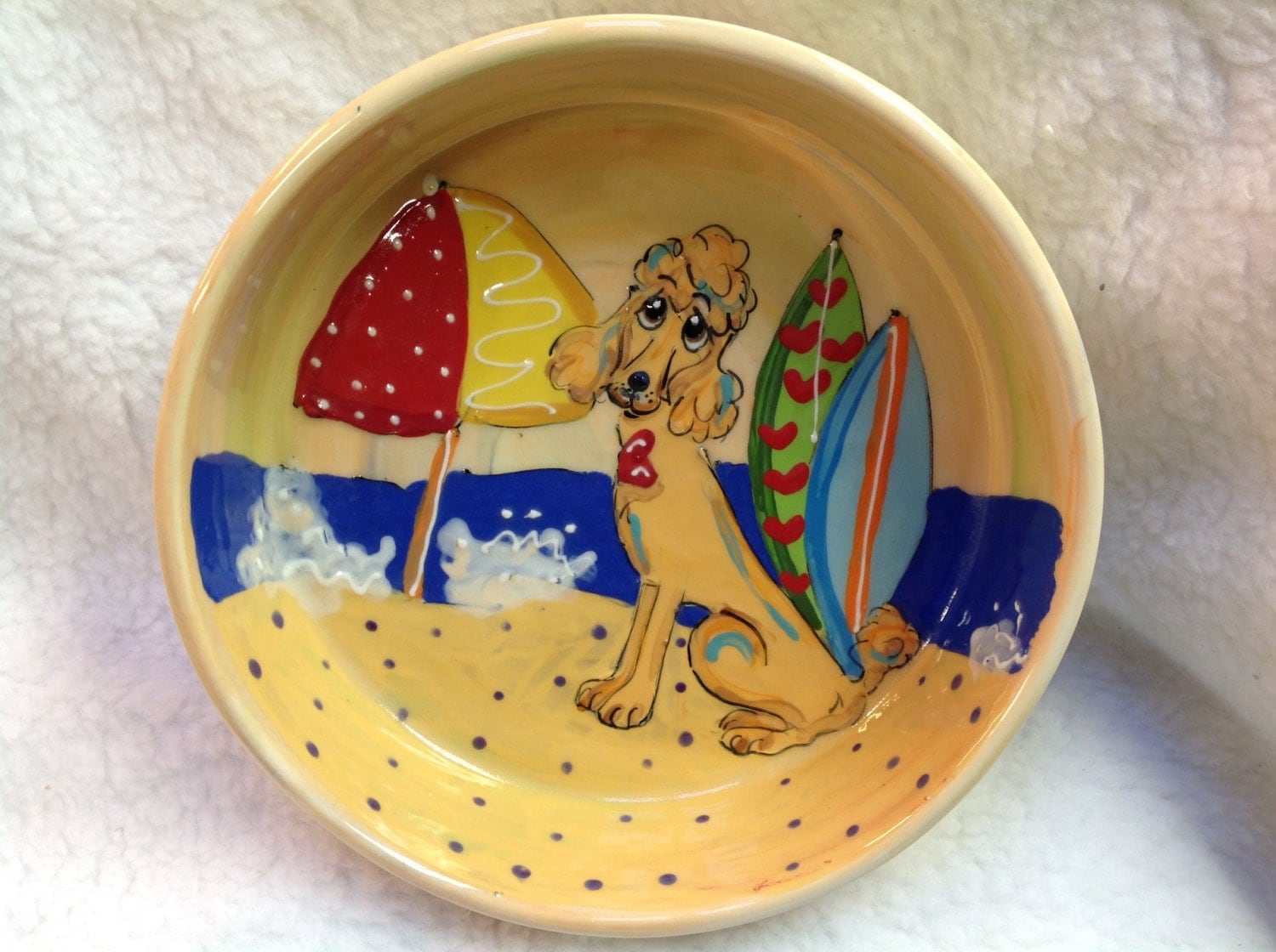 Hand Painted Dog Bowl / Whimsical Dog / GoldenDoodle / Ceramic