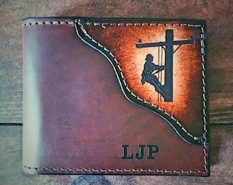 LINEMAN wallet, Classic BI FOLD is shown, Father's day gift, lineman gifts, wallet with a lineman, line man, Initials Engraved Free!