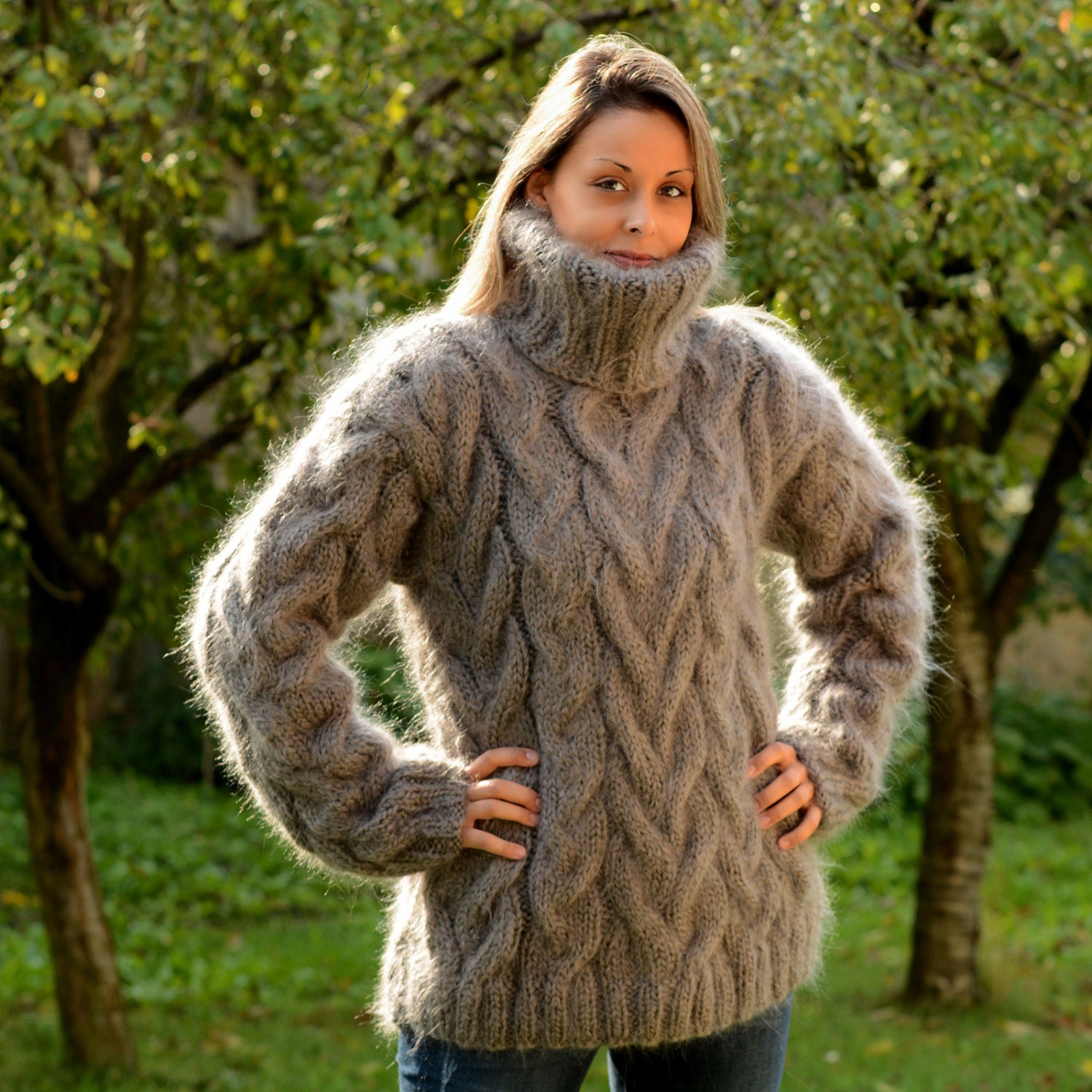 Hand Knit Mohair Sweater Cable Grey color Fuzzy by EXTRAVAGANTZA