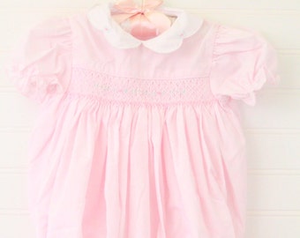 Vintage pink baby romper with smocking, Petit Ami romper for 3 Mo