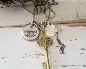 Hand Stamped Jewelry-Personalized necklace-Hand Stamped Pewter Necklace-Beloved Gold Key-Trendy-Skeleton Key-Religious-Christian