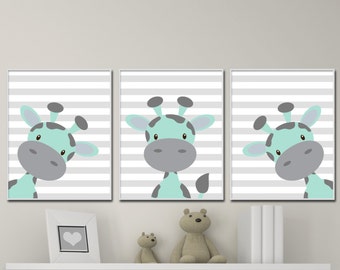 Baby Boy Nurser Art Prints. Giraffe Nursery Wall Prints Suits Mint and Gray Nursery Decor. Colors Customizable - unframed - H219