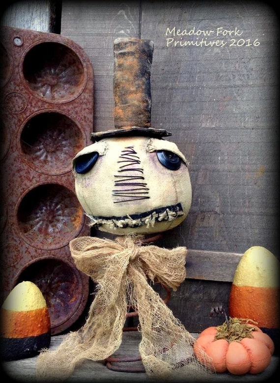 Primitive Bone Jangles OOAK Skeleton Pumpkin Head on Rusty Bed