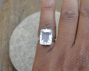 Rock Crystal Ring, Solid 925 Sterling Silver Ring, Clear Gemstone Gift Ring, Cushion Cut Ring, Clear Ring, Statement Ring, Yellow Gold Ring