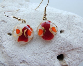 Fused glass one of a kind gold,red,orange earrings,beautiful dangle earrings for her