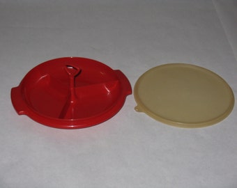 Vintage Tupperware relish dish tray with lid handle red plastic