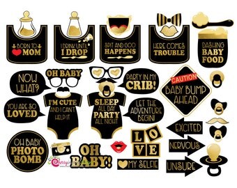 37 Funny Baby Shower Photo Booth Props - Gold and Black Themed Baby Shower - Gender Neutral INSTANT DOWNLOAD - DIY Printable (High-Res Jpeg)