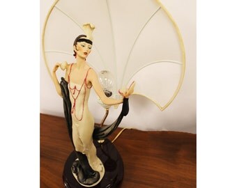 Giuseppe Armani Lamp Art Deco Style Woman w/ Makeup Fan Shade