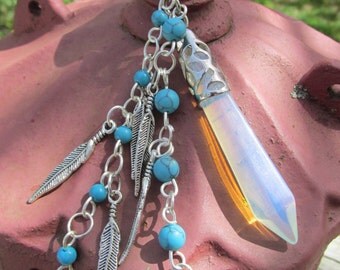 Opalite and Turquoise Feather Key Chain