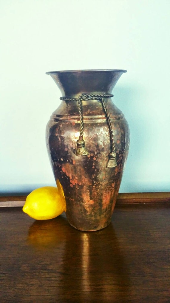 Vintage Large Brass Vase Hammered Brass With Rope And Tassel 6880