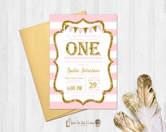 Pink and Gold First Birthday Invitation Glitter Girls Babies Kids Party Invites Elegant Stripe Digital File or Prints with Free Shipping