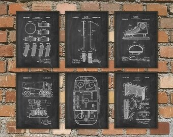 Ice Hockey Patent Print Set Of 6 - NHL Ice Hockey Stick Design - Ice Hockey Rink - Zamboni Ice Rink Resurfacer - Puck - Dorm Room Decor