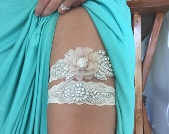 Rustic Garter Set, Ivory Wedding Garter Set, Lace Bridal Garter, Rustic Wedding Garter Set, Rustic Wedding -Style 820