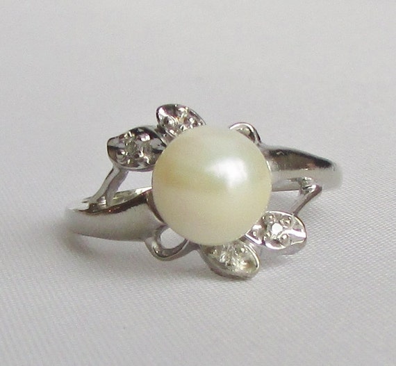 Pearl and Diamond 14k White Gold Vintage Ring Lovely by Ringtique