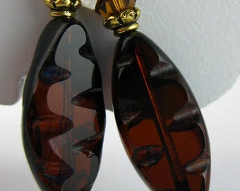 Topaz earrings, Topaz jewelry, Czech bead dangles, Petite jewlery, Handmade accessories, "Root Beer Cuties"
