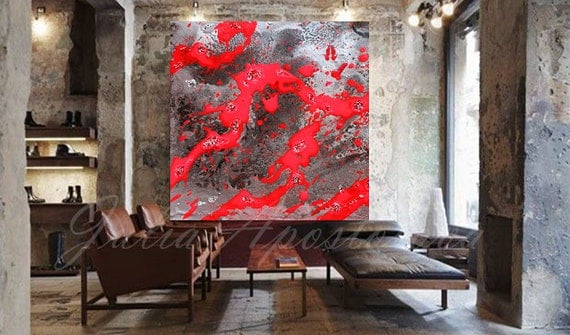 Items similar to Red and Silver, Abstract Painting Print, Asian Art ...