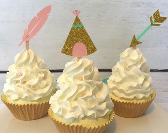 Boho cupcake toppers - teepee cupcake toppers - feather cupcake toppers - arrow cupcake toppers - aztec party - boho party - pow wow