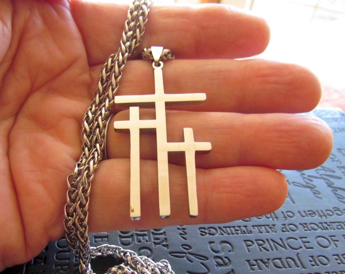 Large Silver Calvary 3 Cross Necklace Pendant Mens Boys Heavy Braided Chain Christian Jewelry - Saint Michaels Jewelry - Calvary Three Cross