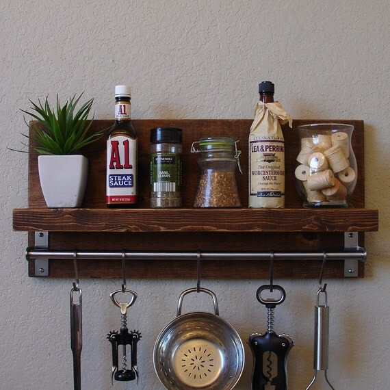 Modern Rustic Spice Rack Shelf with 23 Pot Rack Bar & by KeoDecor