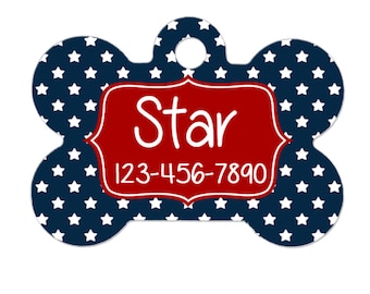 dog collar tag - red navy blue stars - 2 sided