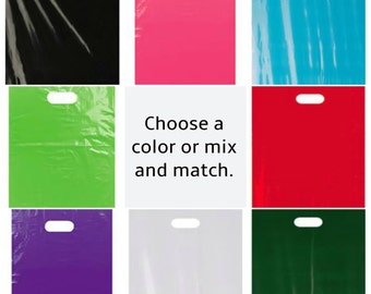 50 Pick Your Color Glossy Plastic Shopping Bags, Gift Bags, Plastic Merchandise Bags, 12 x 15", Die Cut Handle, Wedding Diy, Favor Bag