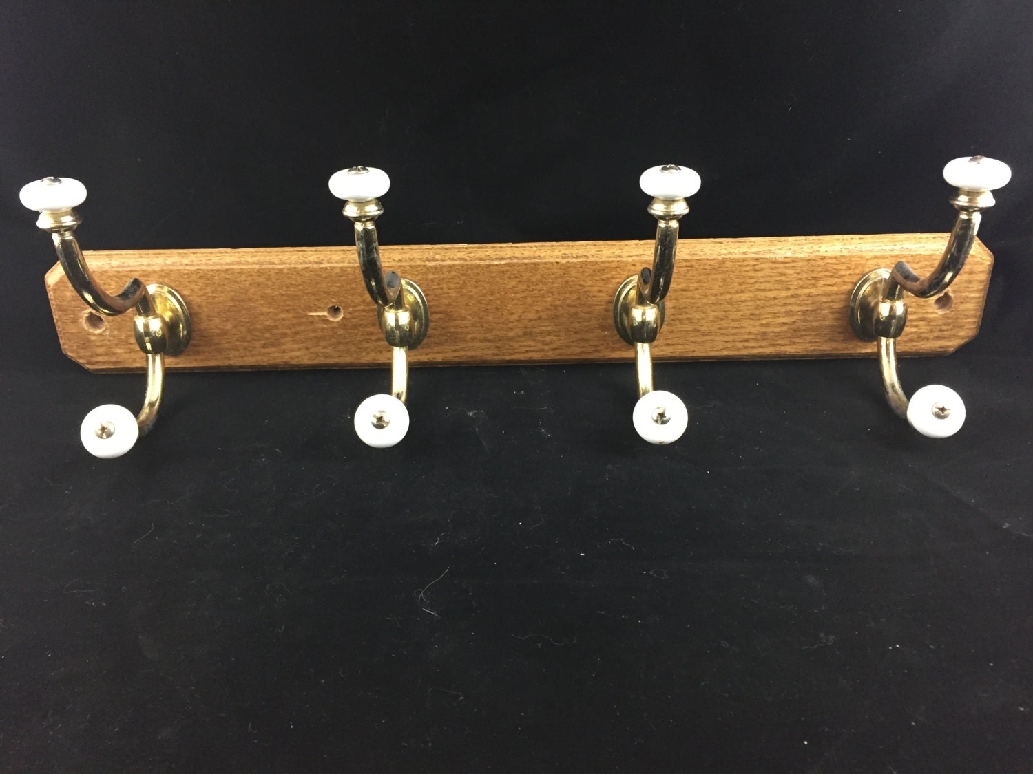 Wood Coat Hook With Brass and Ceramic Knobs