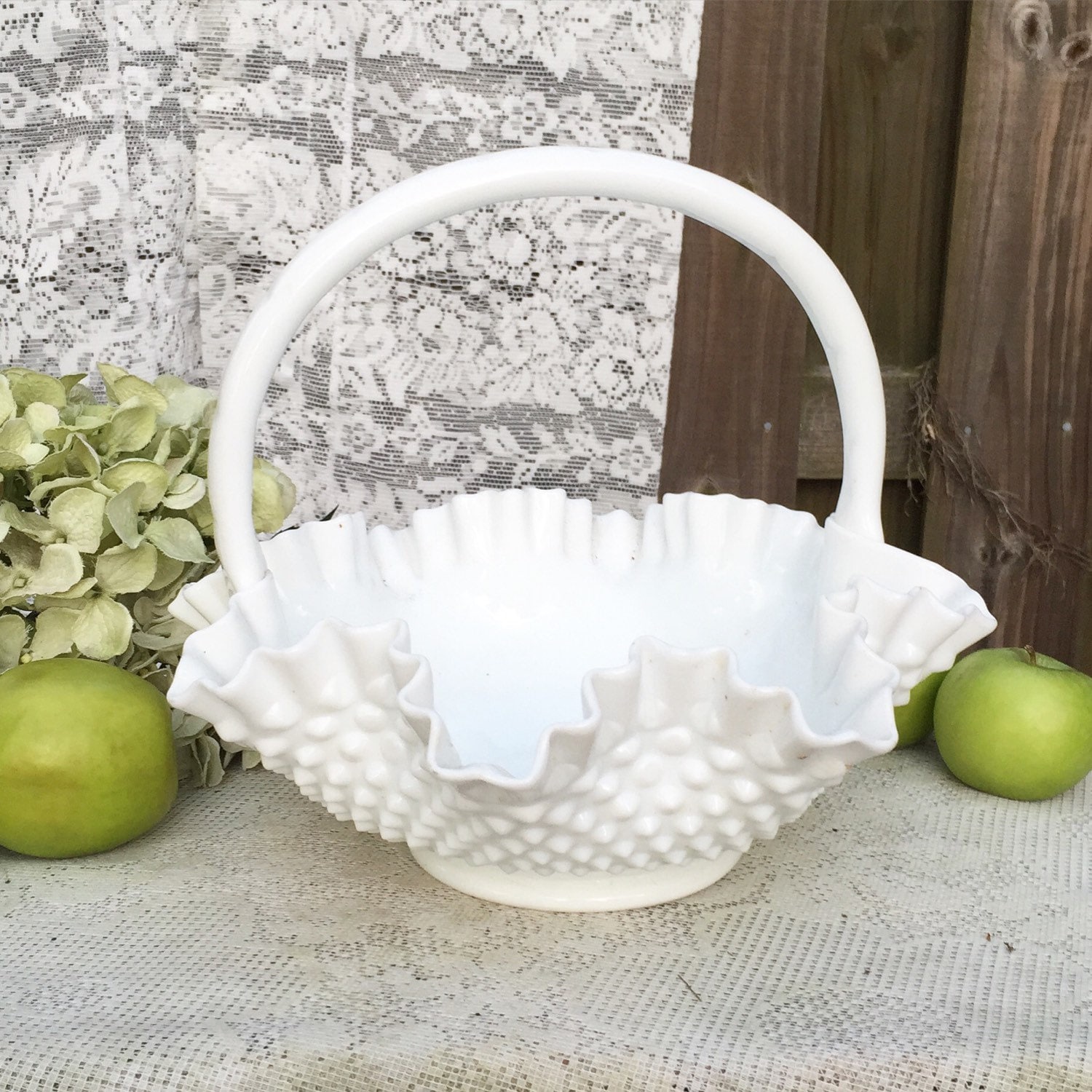 Large Milk Glass Hobnail Basket Fruit Bowl Ruffle edge