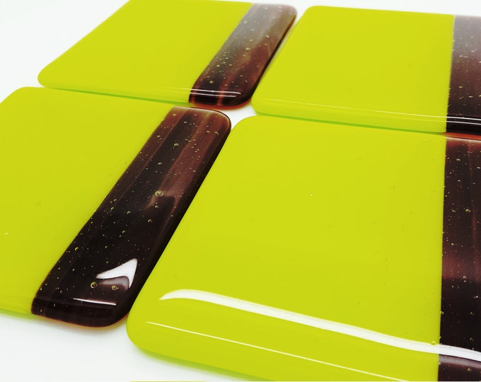 Lime green fused glass coaster set. Handmade tiles. Patio barbeque home decor. Coffee Table. Wedding anniversary birthday housewarming gift