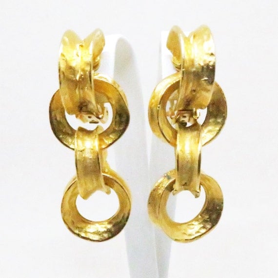 Gold Hoop Dangle Earrings Vintage Gold Tone Interlocking