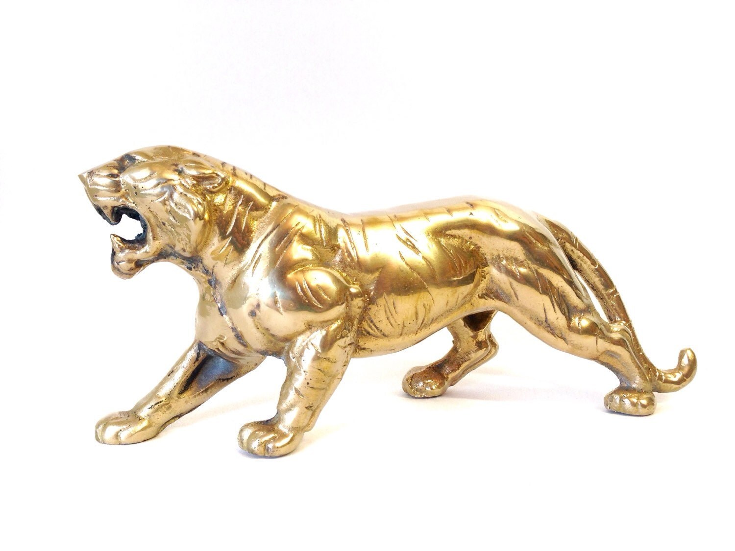 Vintage 9 Brass Tiger Roaring Gold Metal Tiger Stripes