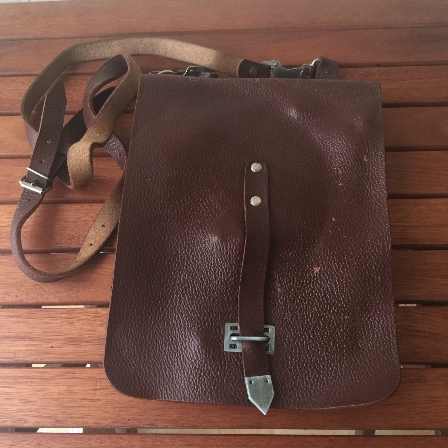 Vintage German 1960s Distressed Brown Leather School Bag