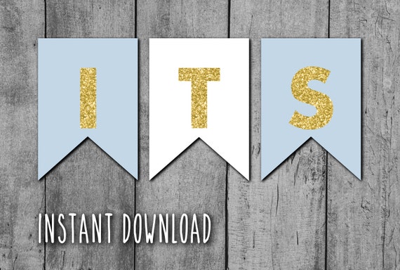 its a boy printable banner blue and white with gold glitter